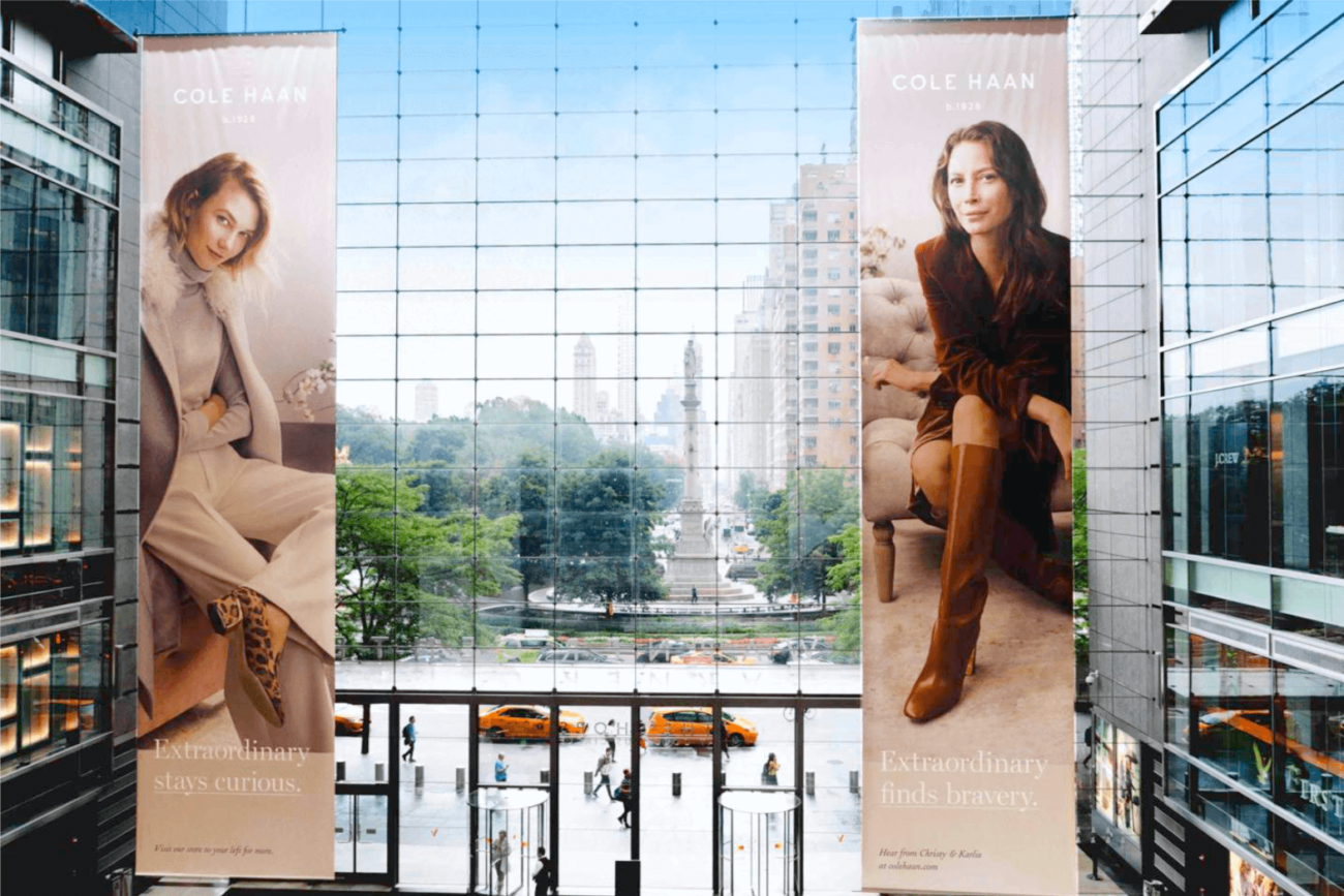 OOH - Outfront tower banners at the Shops at Columbus Circle NYC